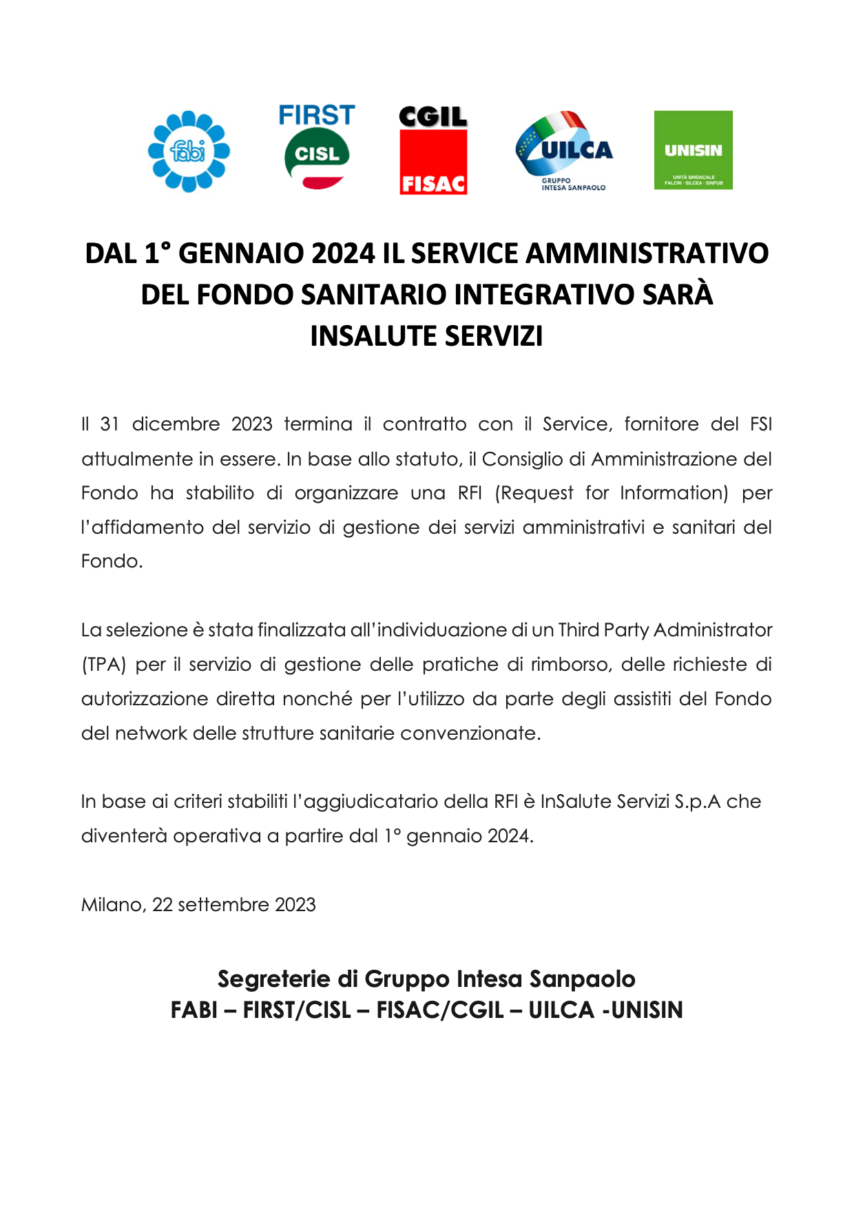 FABI Gruppo Intesa Sanpaolo - DAL 1 GENNAIO 2024 IL SERVICE ...